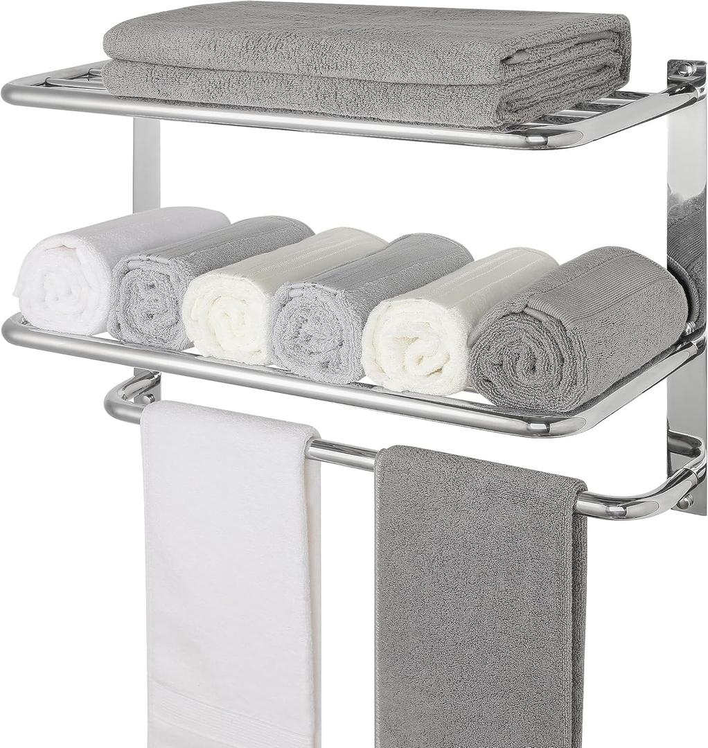 Towel Rack for Bathroom, DEWVIE 24 Inch Tower Holder with Tower Bars, SUS 304 Stainless Steel Lavatory Bath Towel Shelf Towel Hanger Wall Mount, 3-Tier (Brushed Nickel)