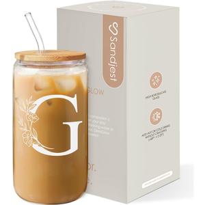 SANDJEST Monogrammed Gifts for Women - Monogram G Initial Glass Cup 16 Oz Can Coffee Cups with Lid and Straw - Monogram Initials Gifts for Womens on Birthday