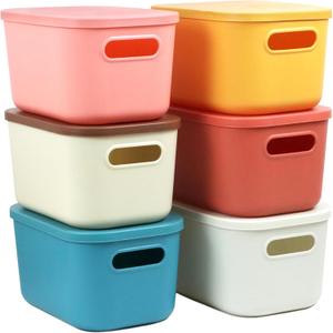 6Pcs Small Storage Bins with Lids, Stackable Plastic Organizer Bin Storage Containers for Organizing, Shelf Baskets for Pantry Cabinet Shelves Desktop Freezer Drawer Organization (6 Color, Small)