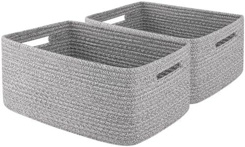 OIAHOMY Storage Basket for Shelves, Closet Cube Storage Bins Baskets for Clothes Blanket Towels, Baby Nursery, Toy Baskets Box, Woven Rope Basket, 15.75*11.81*7.09 IN, 2 Packs Grey