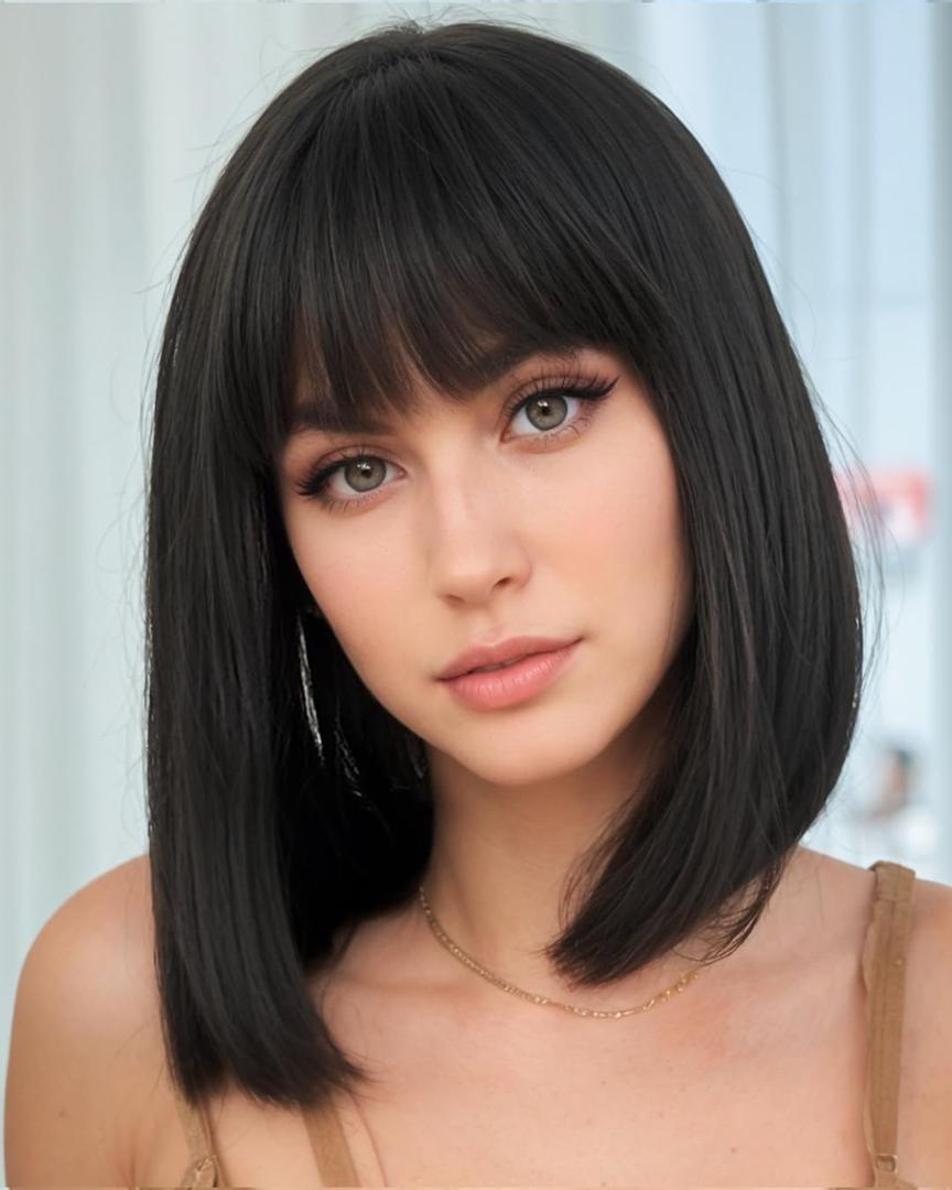 YYHR Short Bob Wig With Bangs 12" Light Yaki Straight Synthetic Hair Wigs Cut Short Black Bob Wigs With Bangs Daily Costume Wig (12 Inch,1B)