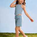 LPHGFZA Toddler Girls Clothes 2 Piece Outfit Summer Solid Ribbed Tank Tops & Bow Elastic Shorts Cute Kids Sets 4-7Y (Blue)