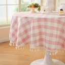 Laolitou Spring Pink Checkered 60" Round Tablecloth (Fits 30-48" Table) Washable Buffalo Plaid Table Cloth with Tassel Cotton Linen Gingham Table Cover for Baby Shower, Pink, Round