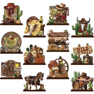 Marsui 12 Pcs Western Centerpieces Wild West Party Decorations 5. 3 Inches Cowboy Wooden Table Decorations for Party Decors Cowboy Birthday Baby Showe Tiered Tray Decor