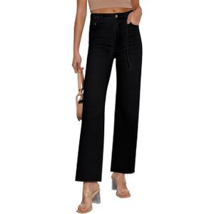 KDF Straight Leg Jeans for Women High Waisted Jeans Frayed Baggy Pants Raw Hem Loose Stretchy Cropped Wide Leg Jeans. 2