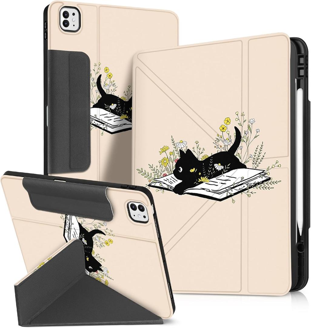 for iPad Pro 13 inch M4 2024 Case - for iPad Pro 13 Folio Protector Cover with Pencil Holder Cute Cool Cartoon Graphics Design for Boys Girls, Book Cat