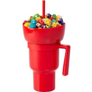Fun Express 5 3/4" x 9" Snack & Drink 2-in-1 Combo Red Reusable Tumbler Cups - 3 Pieces, 32 Ounces