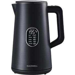 QUAXWELL 1.5L Electric Kettle Stainless Steel, Double Wall Cool Touch Teapot, Fast Boil,5 Temperature Control, LED Display, Auto Shut-Off, BPA-Free,Keep Warm Function, Ideal for Tea & Coffee,Black
