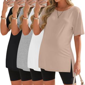 Baggyfly 4 Pack Womens Maternity Shirts Short Sleeve Split Side Cotton Pregnancy Tops Loose Crewneck Soft Maternity Clothes(Khaki, White, Light Gray, Black,Small) (S)
