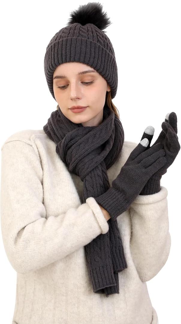 Double Couple 3pcs Winter Women scarf and hat and Touch Screen Gloves Set for Women Knit Hat with Faux Fur Ball Scarves Glove (Dark Gray)