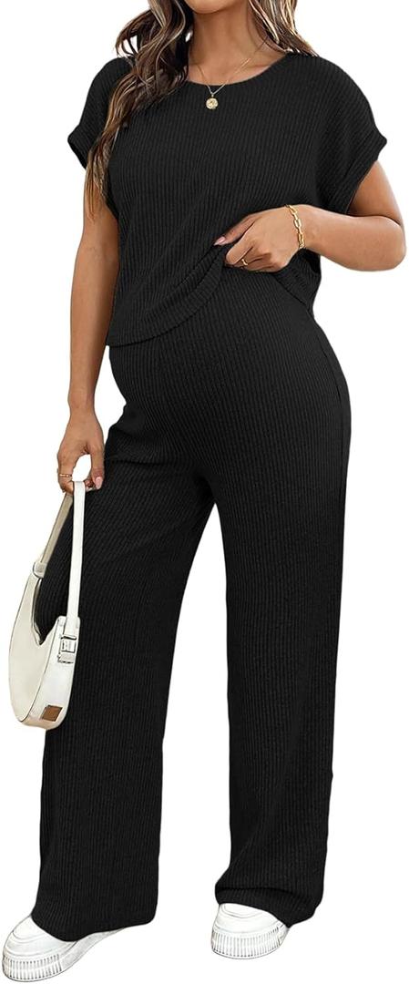 BLENCOT Maternity Clothes Ribbed Knit Lounge Set Short Sleeve Top and Long Pants Maternity Sleepwear Pajamas Sets Two Piece Matching Outfits Set Black XL