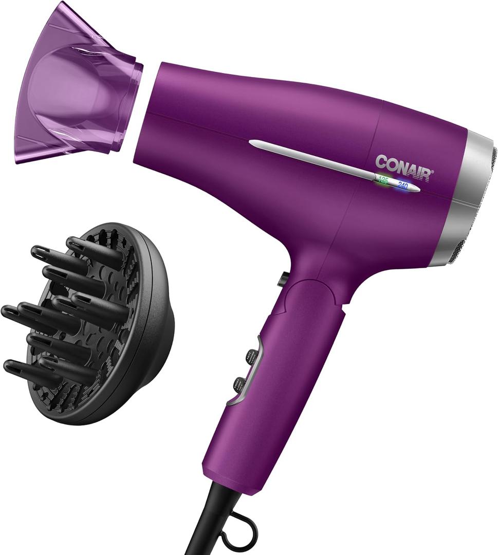 Conair Hair Dryer, Worldwide Travel Hair Dryer with Smart Voltage Technology and Folding Handle, Includes Diffuser and Concentrator, Purple (1 Count( Pack of 1))