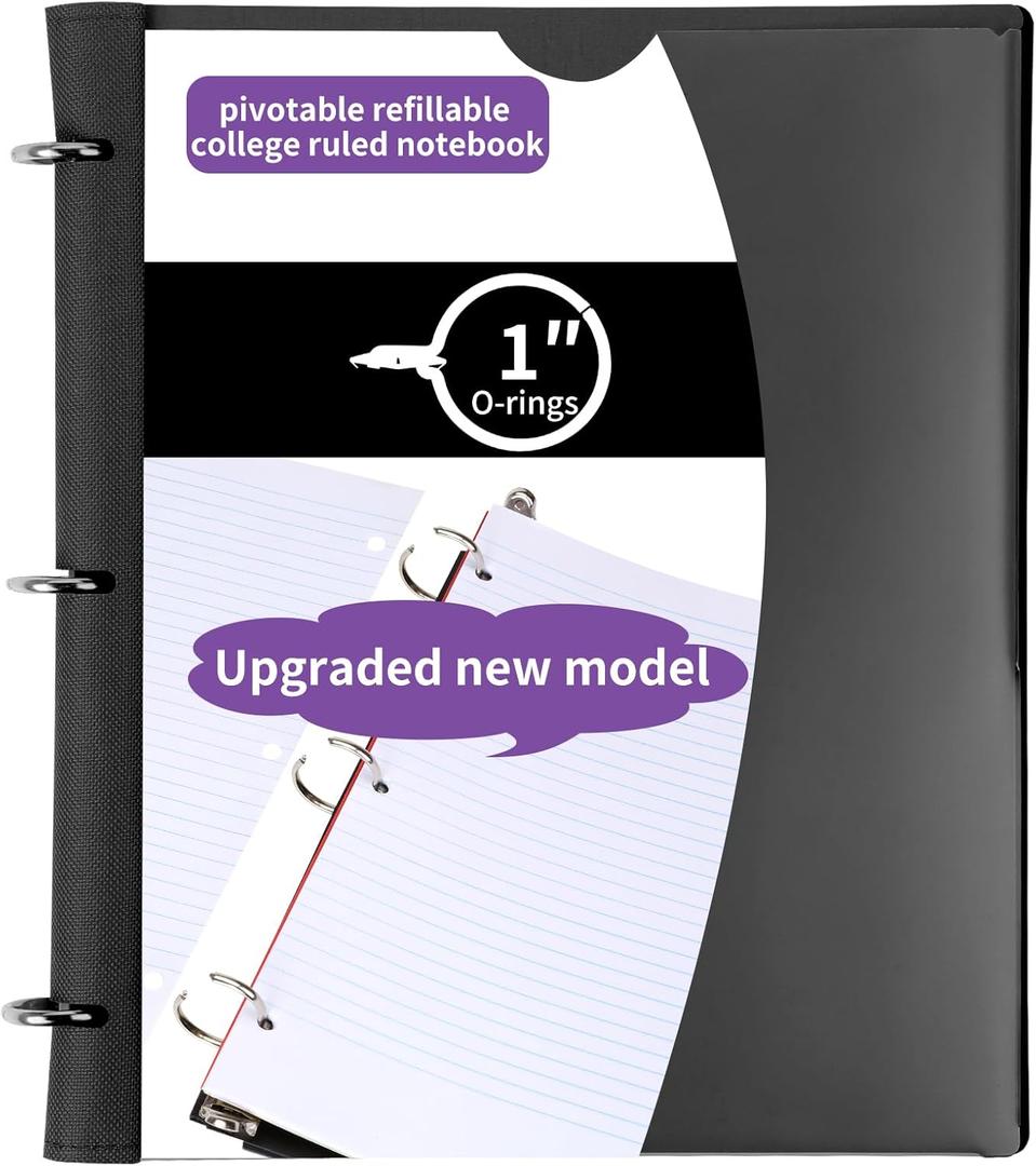 Pivotable Refillable Notebook, Upgraded 1 Inch 3 Ring Notebook Binder, 50 College Ruled Paper, 5 Subject Notebook with Dividers and Folder Pockets, Tabs- Black