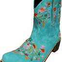 gloryinterest Cowboy Boots for Women Ankle Cowgirl Boots Western Flower Embroidered Square Toe Chunky Heel Stitched Retro Black Brown Red Blue Yellow Purple US5.5-10.5