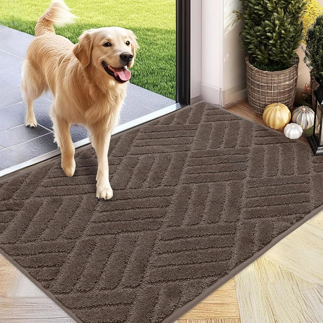 Front Door Mat, Absorbent Dirt Trapper Welcome Door mat Indoor, Non Slip Machine Washable Entryway Rug, Dog Door Mat, Shoes Scraper, Low Profile Doormat for Inside Floor, 24x36, Brown (3' x 2' (Rectangular))