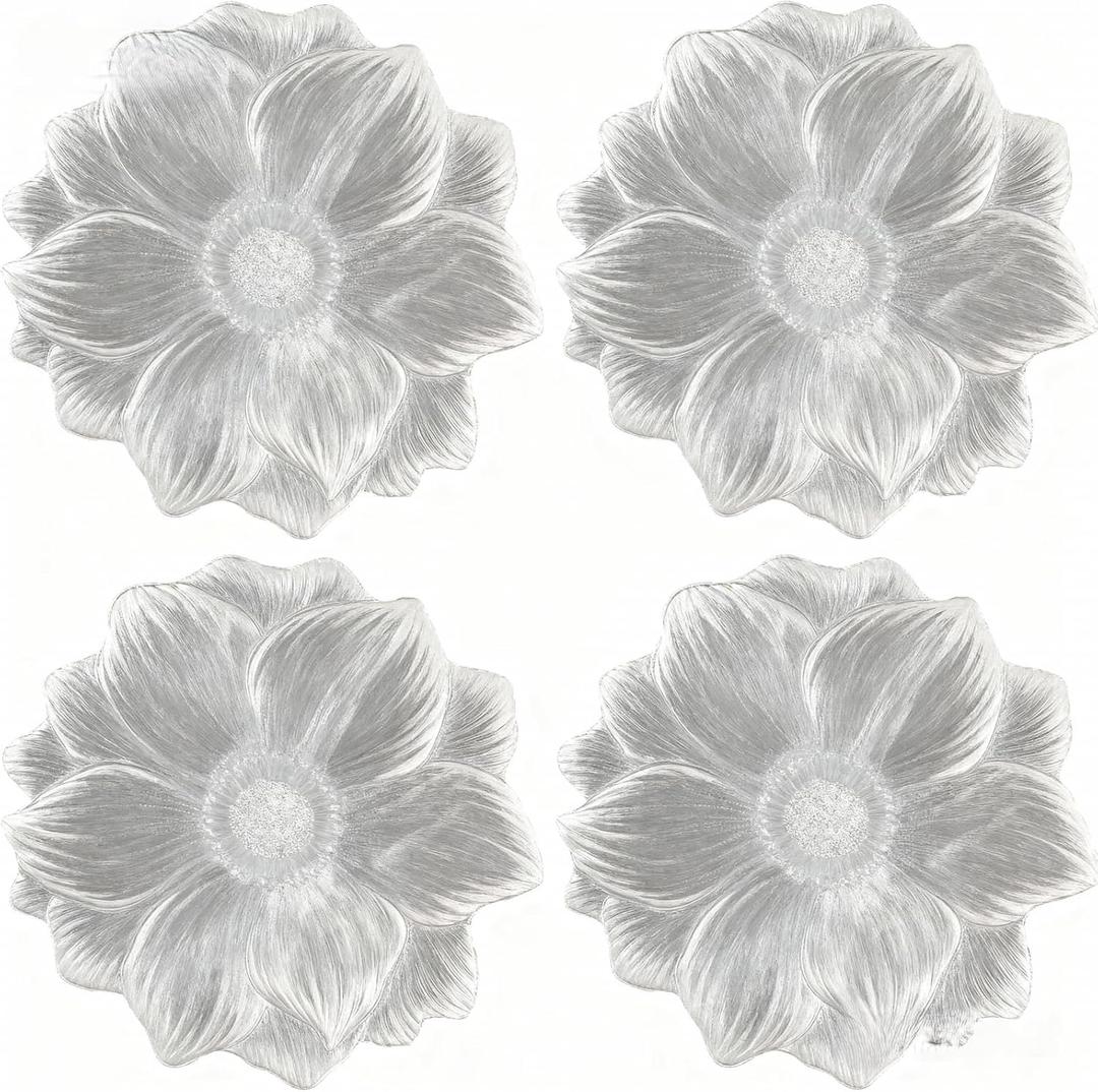 15" Silver Flower Round Placemats Set of 4 PVC Waterproof Heat-Resistant Easy Clean Table Mats 39cm Round Dining Mats