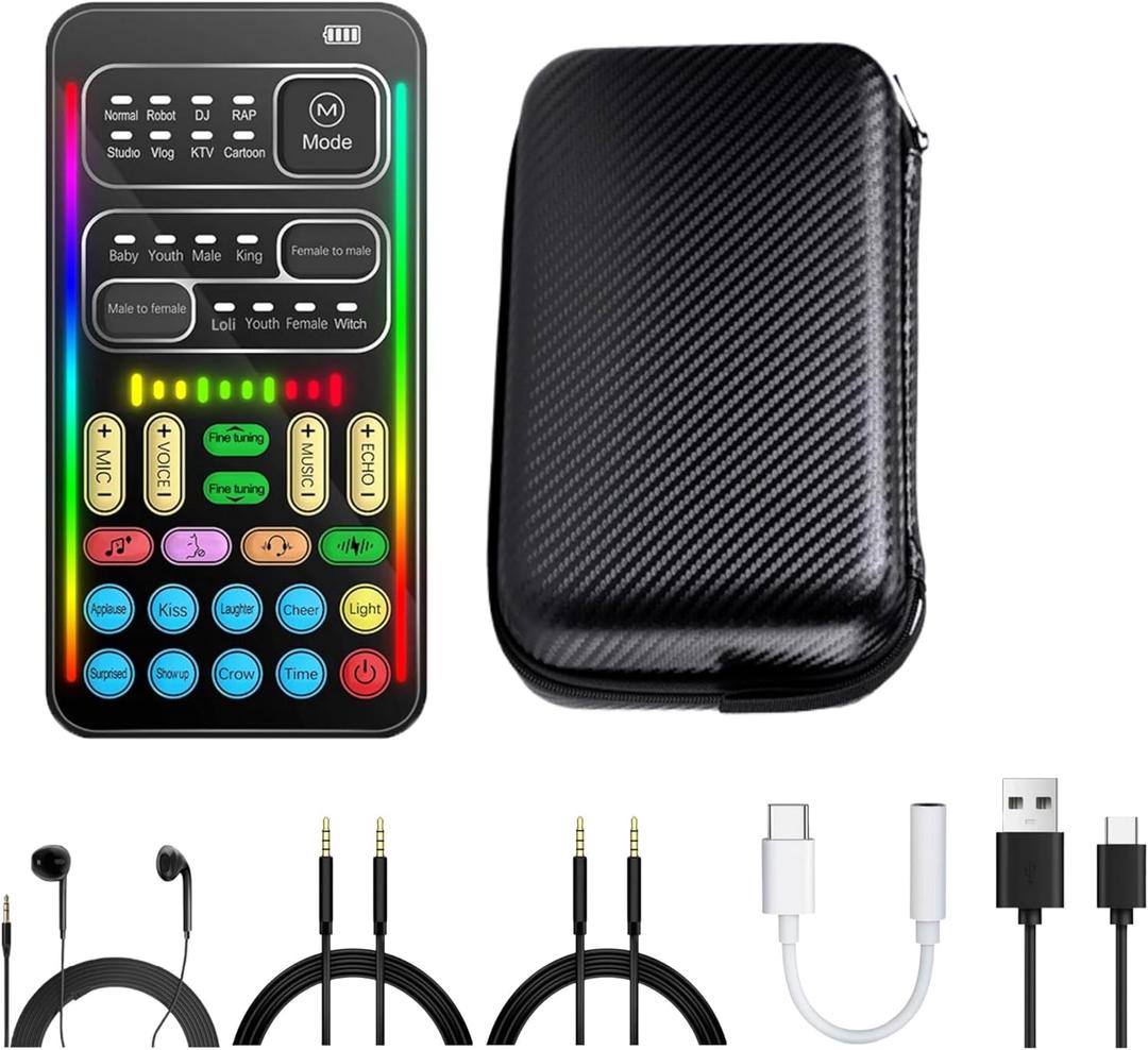 Real-Time Voice Changer with Sound Card  8 Voice Effects, Full Accessories Included (Earphone, 2 Adapters), Plug & Play, Compatible with PC, PS5, Xbox, Switch, Android & iOS
