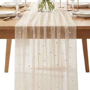 2 PCS Beige Pearl Table Runner, 30" x 120" Beige Lace Table Runner Wedding Tulle Party Decorations Fabric Tablecloth Bridal Shower Birthday Dessert Dining Table Cloths Decorations