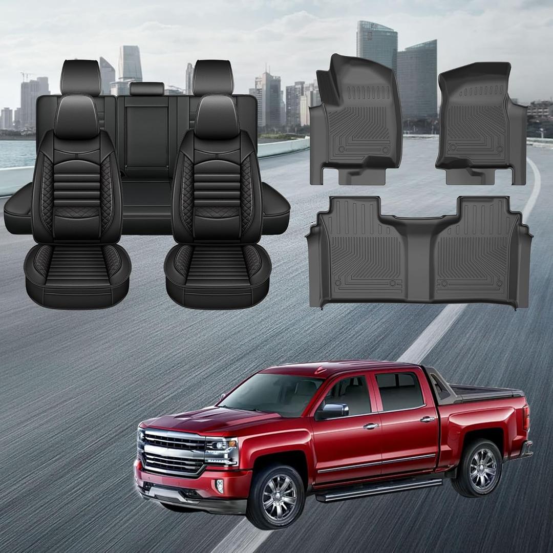 TTX LIGHTING Seat Covers & Floor Mats for 2020-2026 Chevy Silverado GMC Sierra 1500 2500HD 3500HD Trail Boss Z71 Crew Double Cab Waterproof Leather 5 Seat Covers and Matching Floor Mats (Black)
