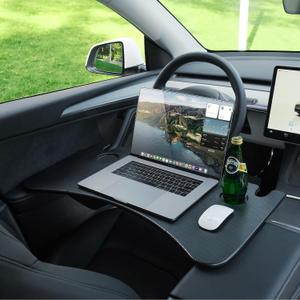 YONZEE Foldable Desk Food Tray (Carbon Edition) for Tesla Model Y Model 3 S X Y Juniper- Upgraded Table with Support Leg for Dining, in-Car Work, Travel and Outdoor (1 Pack)