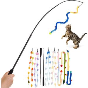 Cat Wand Toy, 9Pcs Retractable Plush Srtip Cat Teaser Wand Toys with Bell & String, Long Interactive Wand Toys for Indoor Kitten, Exercise (7pcs&2pole)