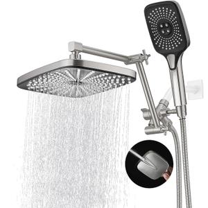 Rain Shower Head with Handheld Spray Combo, 12 Inch Rainfall Shower Heads with Adjustable Extension Arm, High Pressure Shower Head with 3-Way Diverter - Height/Angle Adjustable(Brushed Nickel)