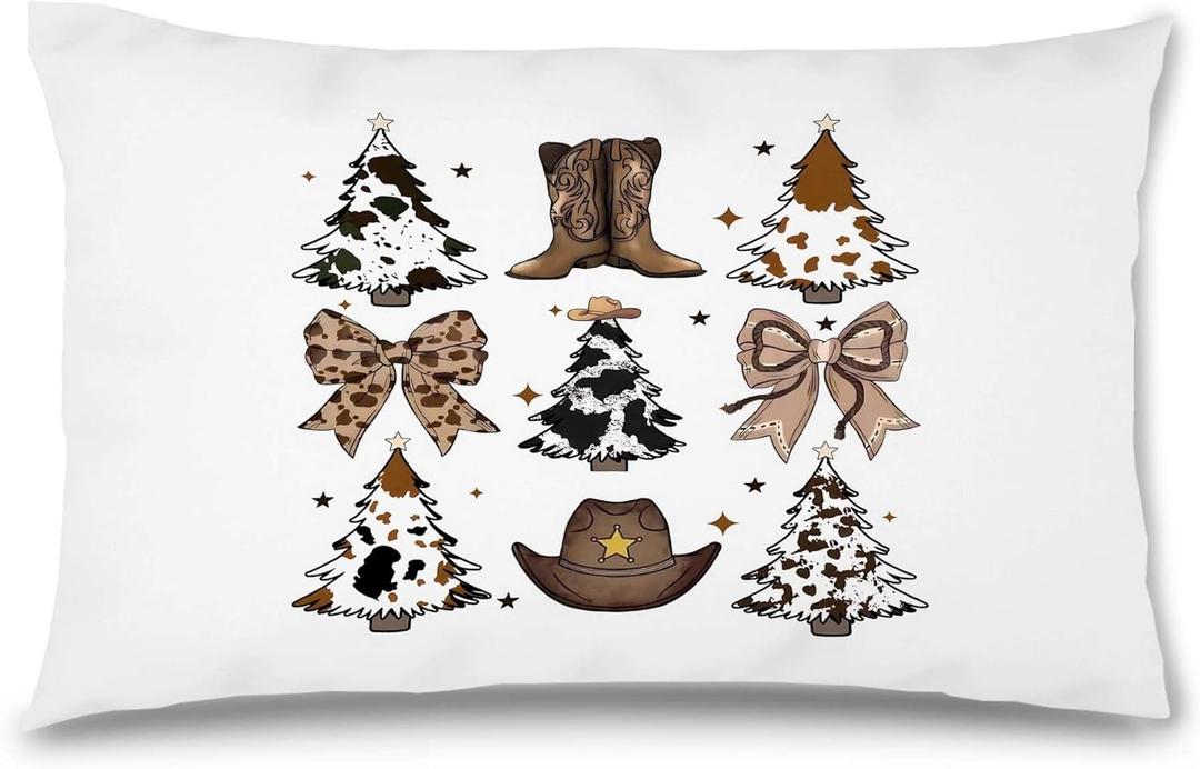 Western Christmas Cow Tree Throw Pillow Covers 12x20, Cowboy Christmas Decor, Rustic Country Coquette Bow Boots Hat Xmas Decorative Lumbar Pillow Covers for Couch Bed Home Bedroom Living Room