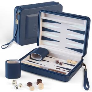 Magnetic Travel Backgammon Set, Portable PU Leather Backgammon Board Game, 9 Inch Classic Strategy Game for Adult Teens, Folding Backgammon Board with 32 Wooden Pieces and 5 Dices, Navy Blue