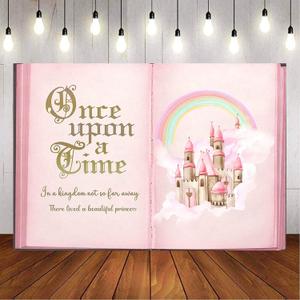 Once Upon a Time Backdrop Pink Fairytale Castle Giant Book Rainbow Photography Background Girls Princess Birthday Party Photobooth Backdrops Supplies Cake Table Decorations (8x6ft)