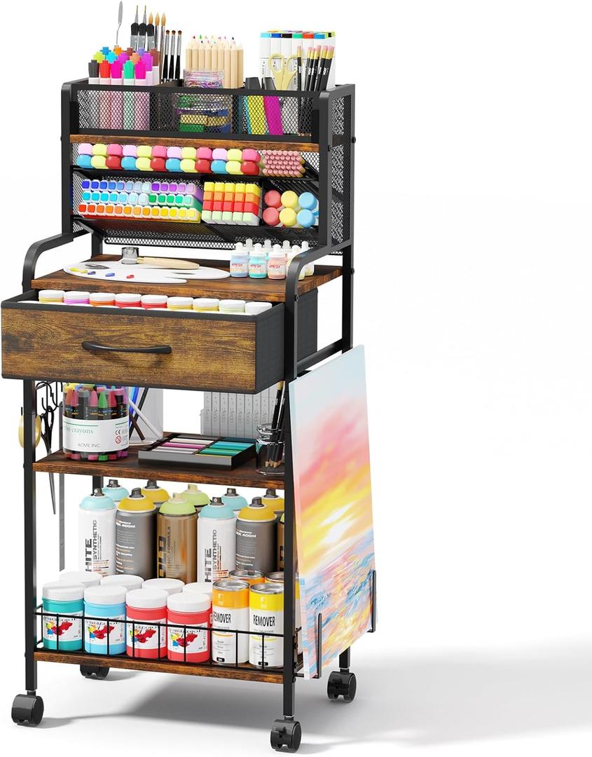 Homsorout Art cart, 3 Tier Rolling Cart - Utility Cart with Storage Drawer and Wheels, Versatile Art & Craft Organizer for Home, Office, or Studio Ideal for Storing Brushes, Paints Brown