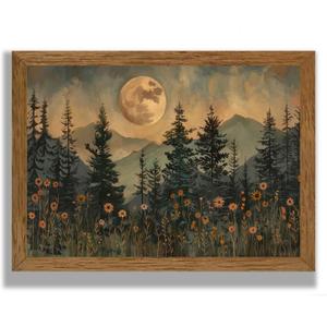 JLTULT Framed Vintage Moon Forest Canvas Wall Art, Moonlight Pine Tree Flower Wall Decor, Woodland Wildflower Picture Prints Artwork for Bedroom Living Room Office Decoration 16x24 inch Easy to Hang