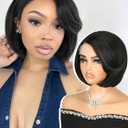 Quantum Love Straight Short Bob Wig Natural Black Side Part Layered Straight Bob Short Wigs for Women Synthetic Hair Glueless Realistic Hairline(Natural Black 10inch)