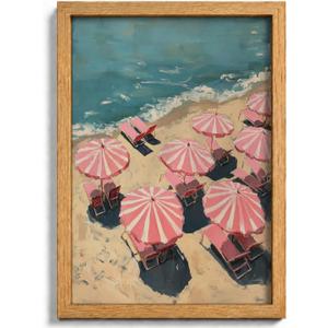 Framed Pink Beach Umbrella Canvas Wall Art,Coastal Umbrellas Wall Decor, 24"L x 16"W