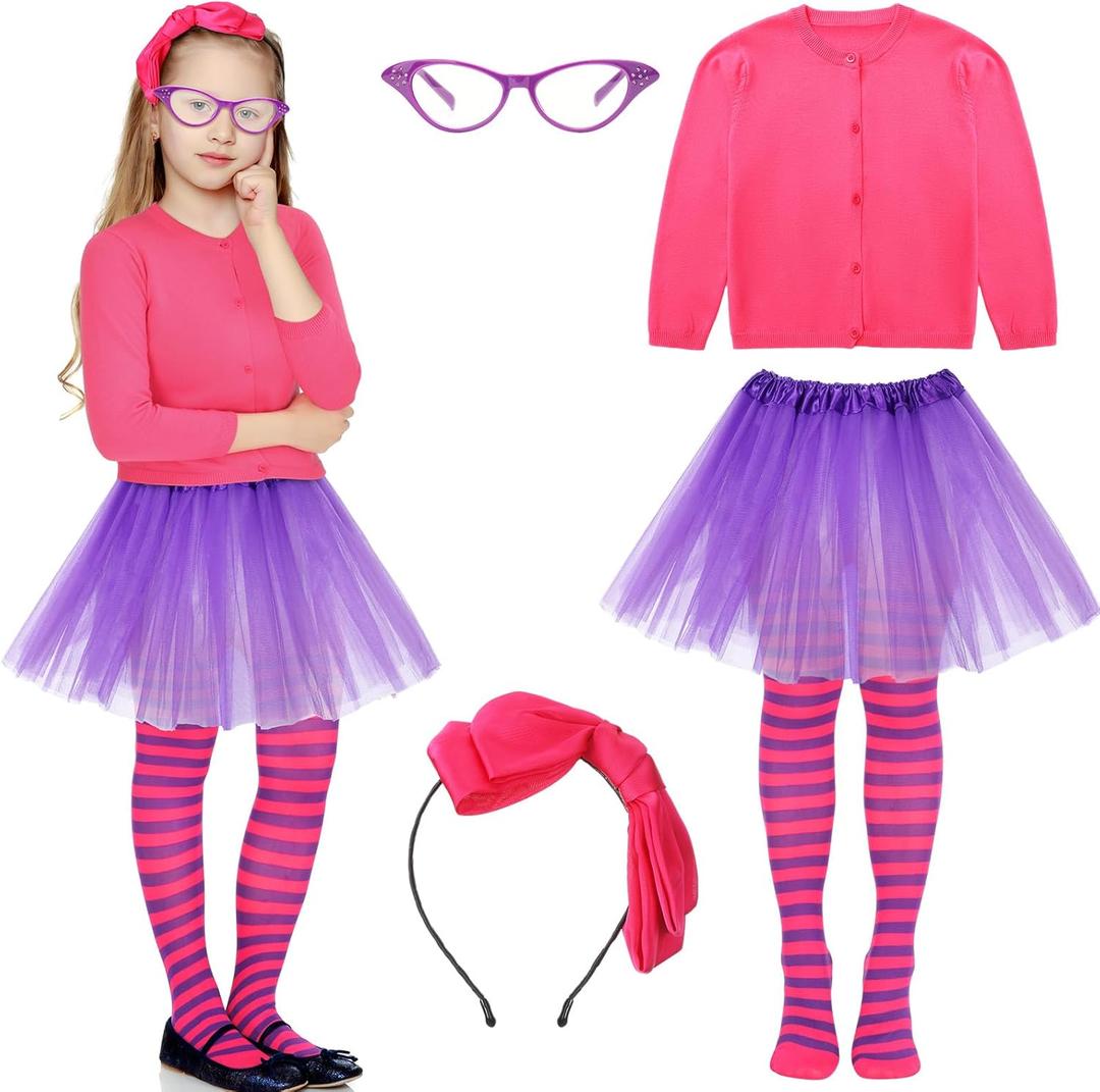 JenPen 5 Pcs World Book Day Cartoon Cosplay Costumes for Kids Rose Red Long Sleeve Cardigan Purple Tutu Skirt Striped Tights Bow Headband Glasses Frame for Children World Book Day Dress up Outfit