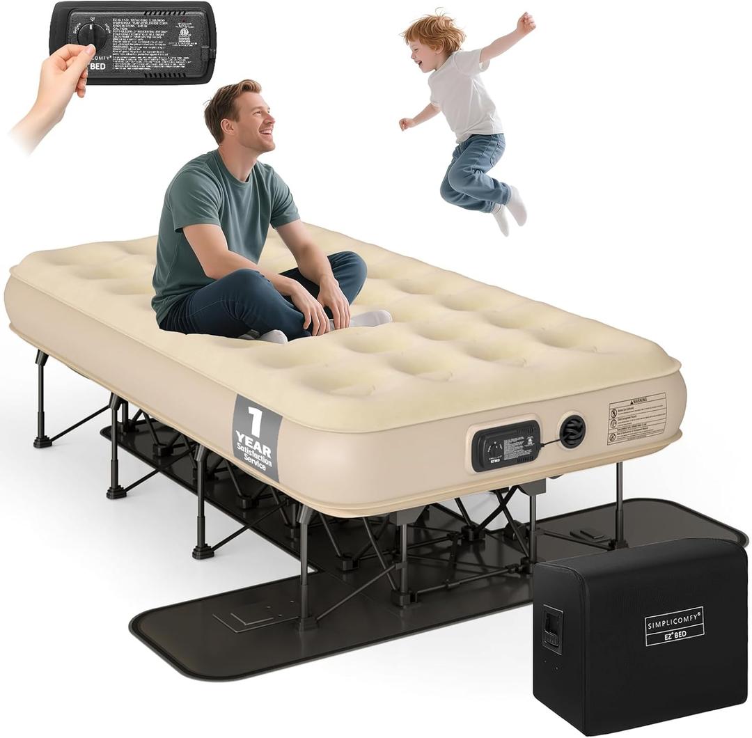 Simpli Comfy EZ Bed Twin Self-Inflating Air Mattress with Built-in Frame, Pump and Wheeled Case, Blow Up Inflatable Air Bed Perfect for Home, Guests, Travel, Vacation, Camping