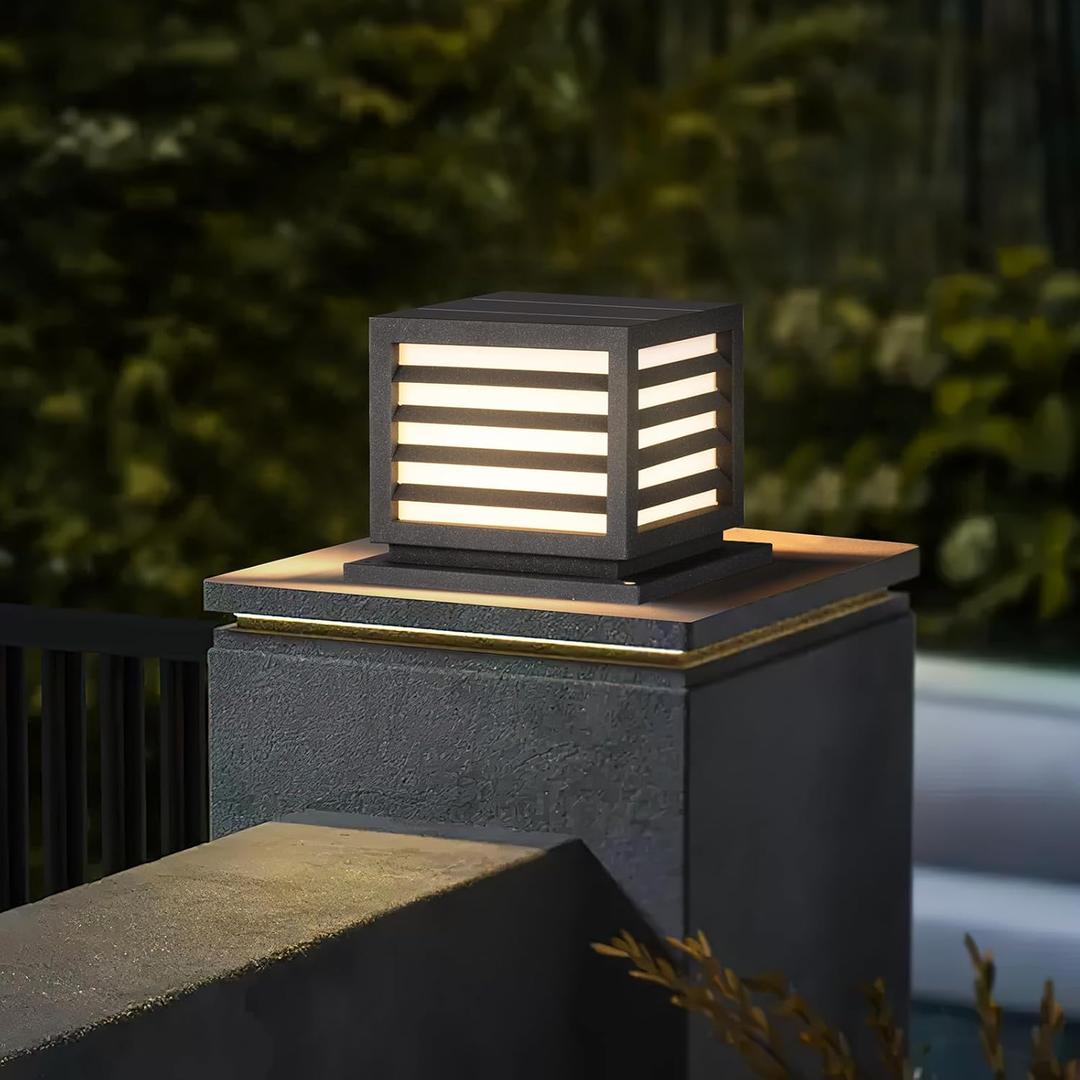 Solar Pillar Light Outdoor, Modern Post Light Dusk to Dawn IP65 Waterproof Solar Column Cap Lights LED 3000K Deck Lantern Lamp with E26 Bulb for Patio Garden Decoration(10x10,Grey)