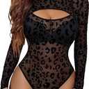 Avidlove Mesh Bodysuit for Women Long Sleeve Body Suit Sexy Tops Cut Out Leotard See Through Shirts Sheer Rave Outfits (Small, Leopard Black)