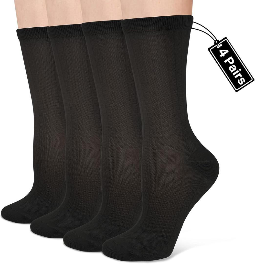 Compression Crew Socks for Women Thin Lightweight (15-20 mmHg) for Athletic Nurse Circulation Support Socks, 4 Pairs (Large-X-Large, 02- Black)