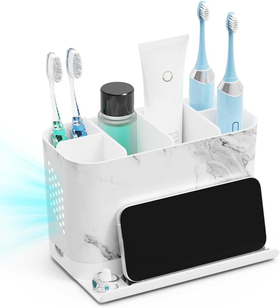 Toothbrush Holders, Toothbrush Caddy with Front Ledge and Cord Slots, Detachable Tooth Brush Holder for Bathroom Countertop, Shower, Vanity, Large Capacity 6 Slots Marble Bathroom Accessories