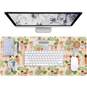 AUPET Leather Large Mouse Pad Desk Blotters  35 x 17in Cute Desk Mat with PU Surface, Non-Slip Desk Pad Protector,Waterproof Desk Writing Pad for Office Home (Beach Sunbathing)