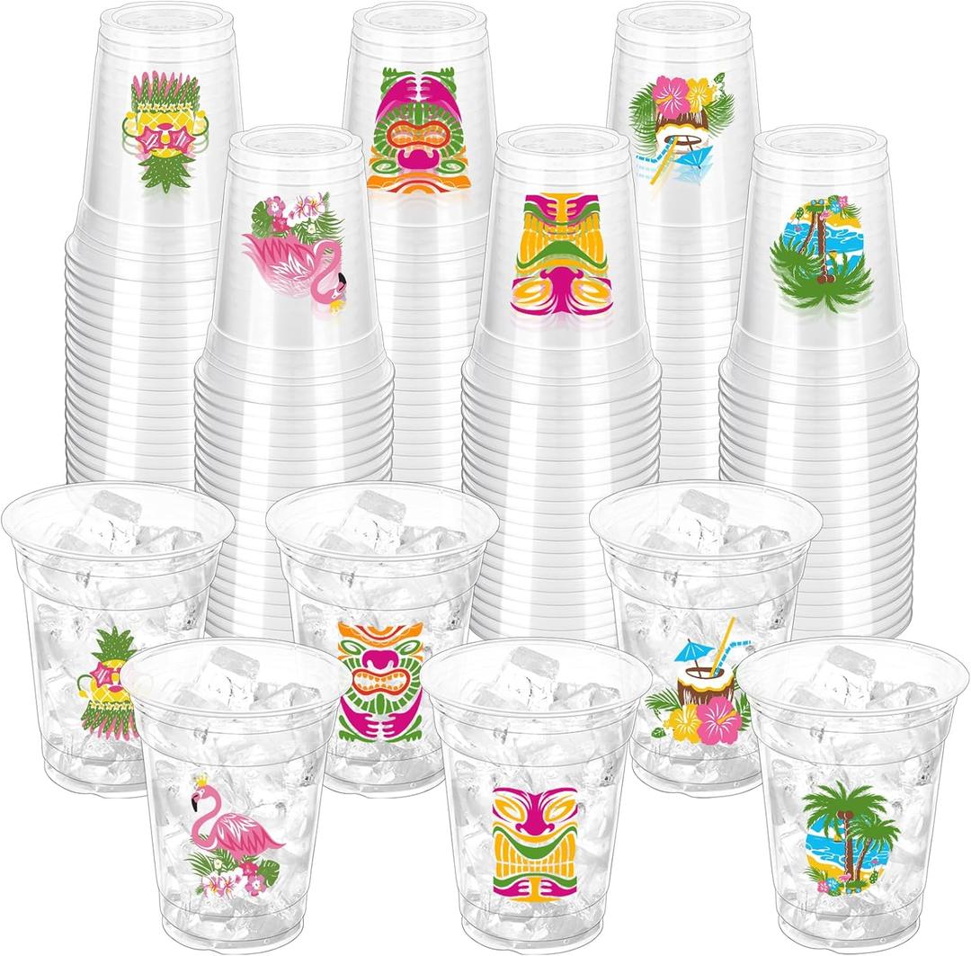 60 Pcs Hawaii Luau Plastic Cups,12oz Disposable Hawaiian Party Plastic Cups Tiki Themed Luau Cup Hawaii Hibiscus Pineapple Tropical Cup for Hawaiian Birthday Party Summer Beach Pool Party Supplies