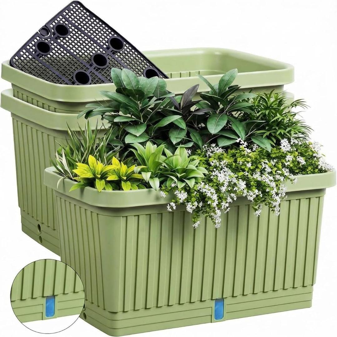 3 Pcs Large Rectangular Planter Boxes Outdoor, Green, 20 Inches