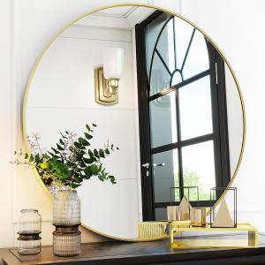 VooBang Gold Round Bathroom Mirror, 30 inch Circle Wall Mounted Hanging Mirror with Simple Modern Circular Metal Frame for Hallway, Entryway, Living Room, Gold Frame
