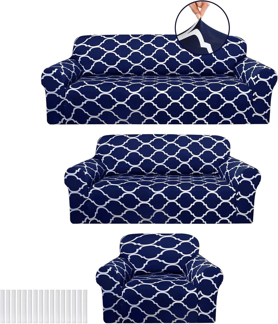 Peryiter 3 Pcs Couch Cover Set for Living Room Furniture Covers for Couch and Sofas Loveseat Arm Chair Slipcover, Furniture Protector, Stretch, Wrinkle Free(Navy Blue)