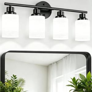 4-Light Bathroom Light Fixtures, Black Vanity Lights for Mirror with Textured Milky White Glass Shade, Modern Kitchen Light Fixtures Wall Sconce Light - E26 Base