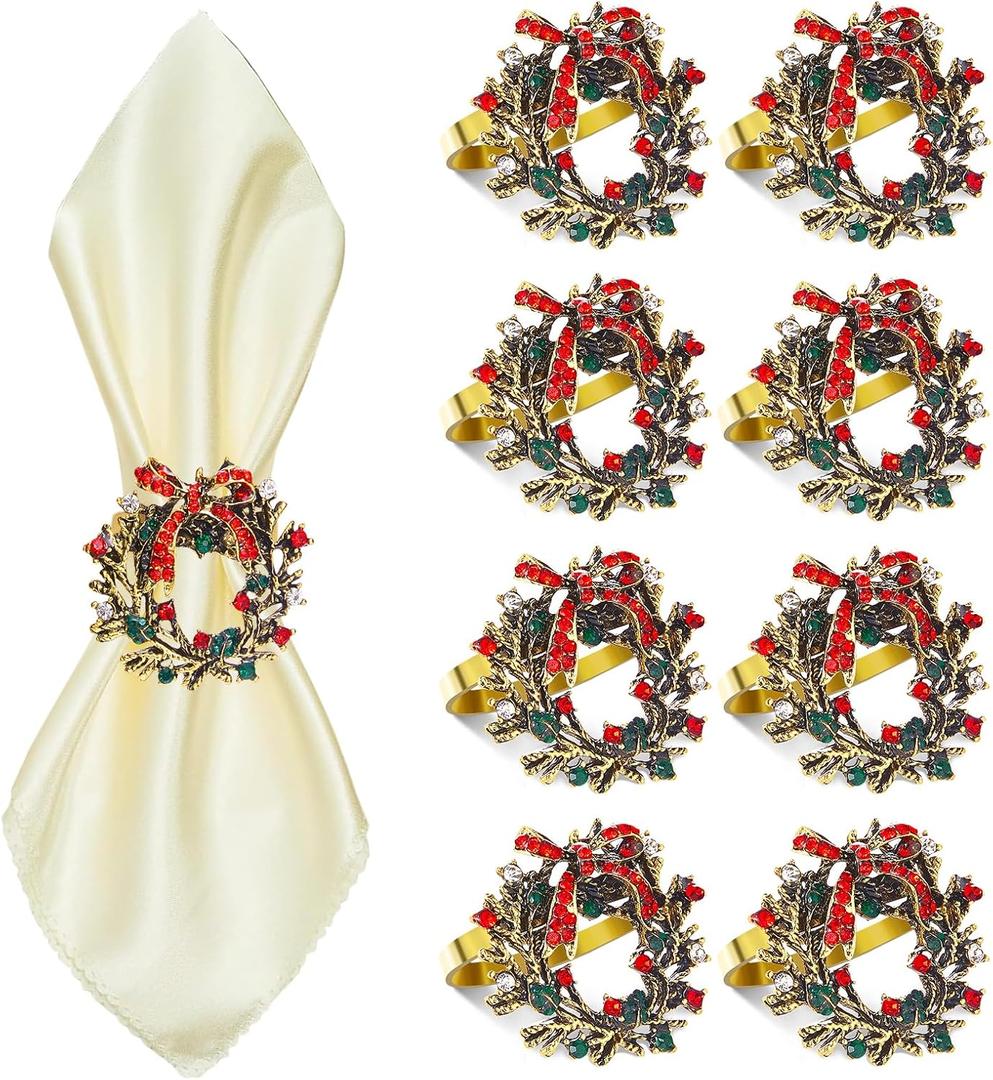 ZeeDix Christmas Wreath Napkin Rings Set of 8, Rhinestone Holiday Christmas Napkin Ring Holders for Cloth Napkins, Xmas Napkin Rings for Thanksgiving Holiday Dinner Parties