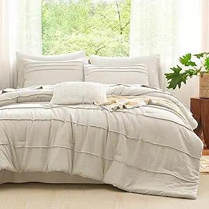 Queen Comforter Set Beige, 7 Pieces Soft Pinch Pleat Bed in a Bag Queen Comforter Set with Sheets, Boho Bed Set with Down Alternative Comforter, Sheets, Pillowcases & Shams