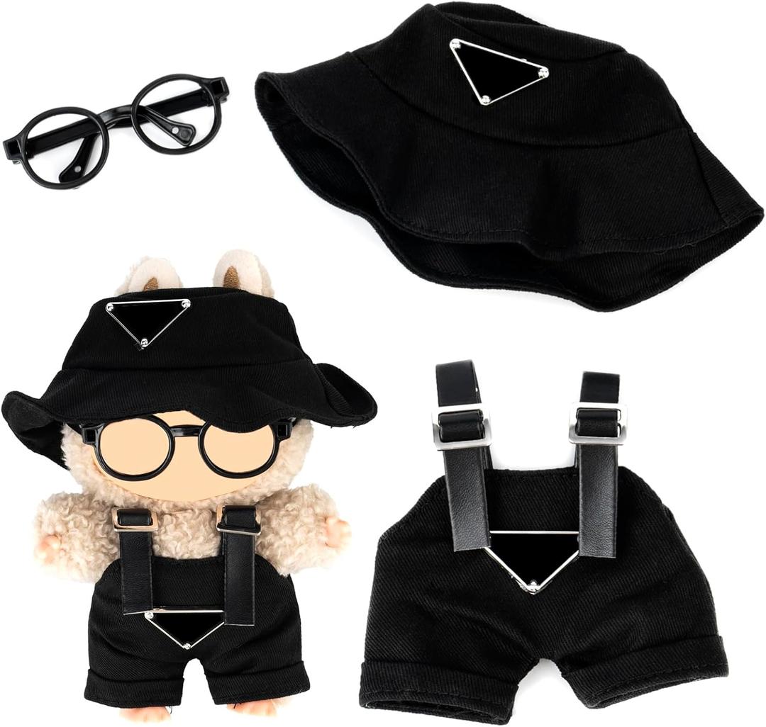 Clothes for Labubu(NO Doll) - Hat & Overalls Set for Labubu for LABUBU 17CM Dolls, Handcrafted Crochet Clothes Set, Premium Fashion Cute Outfit for Dress Up, Play & Collector Display (Black)