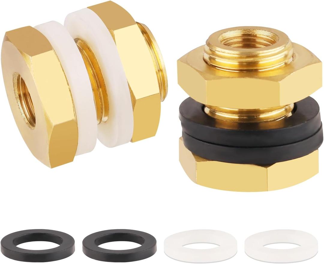 KOOTNAS 2-Pack Solid Brass Bulkhead Fittings, 1/8 NPT Taper Female 5/8" Straight Male Thread Brass Water Tank Connector with 4 Rubber Rings and Silicone Rings, for Water Towers, Faucets, Hoses