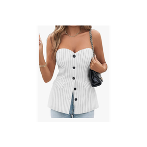 Cicy Bell Womens Strapless Blazer Vest Sleeveless Tube Tops Striped Button Up Waistcoat Vest Business Fitted Suit Vest, Large